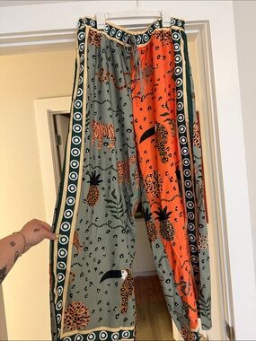 Tropical Print Wide-Leg Pants in Olive & Orange